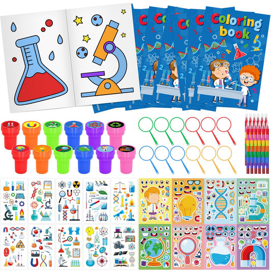 Cinrobiye 72 PCS Science Coloring Books Party Favors Set Science Party Favors Goodie Bag Fillers Science Birthday Supplies DIY Scene Stickers Temporary Tattoos Prizes Art Crafts for Home Classroom