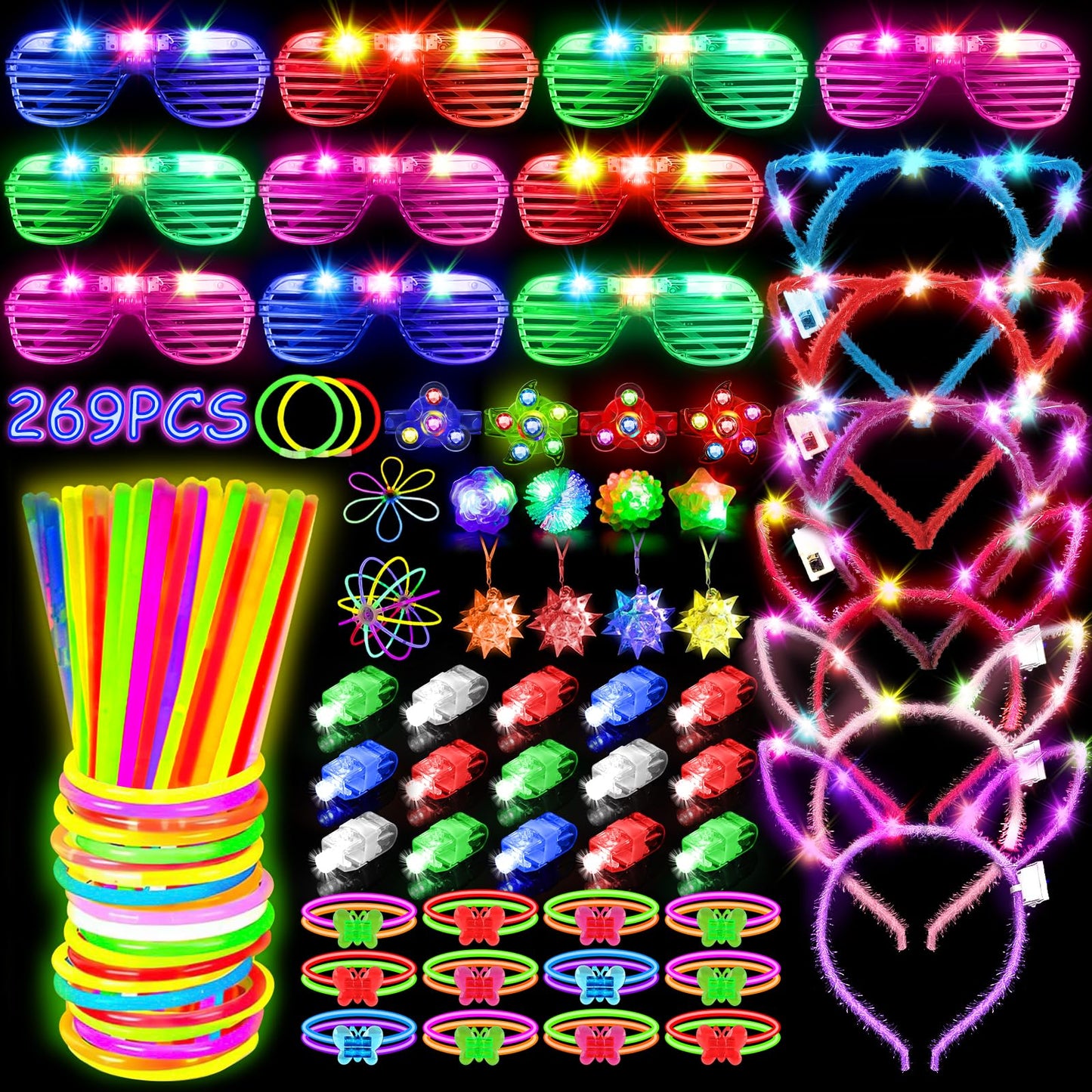 MIBOTE 269Pcs Led Light Up Toys Party Favors Glow in the Dark Party Supplies for Kid/Adults Halloween with Light Up Glasses,Rings,Fidget Spinner Bracelets,100 Glow Sticks Bulk Party Pack DIY Glow