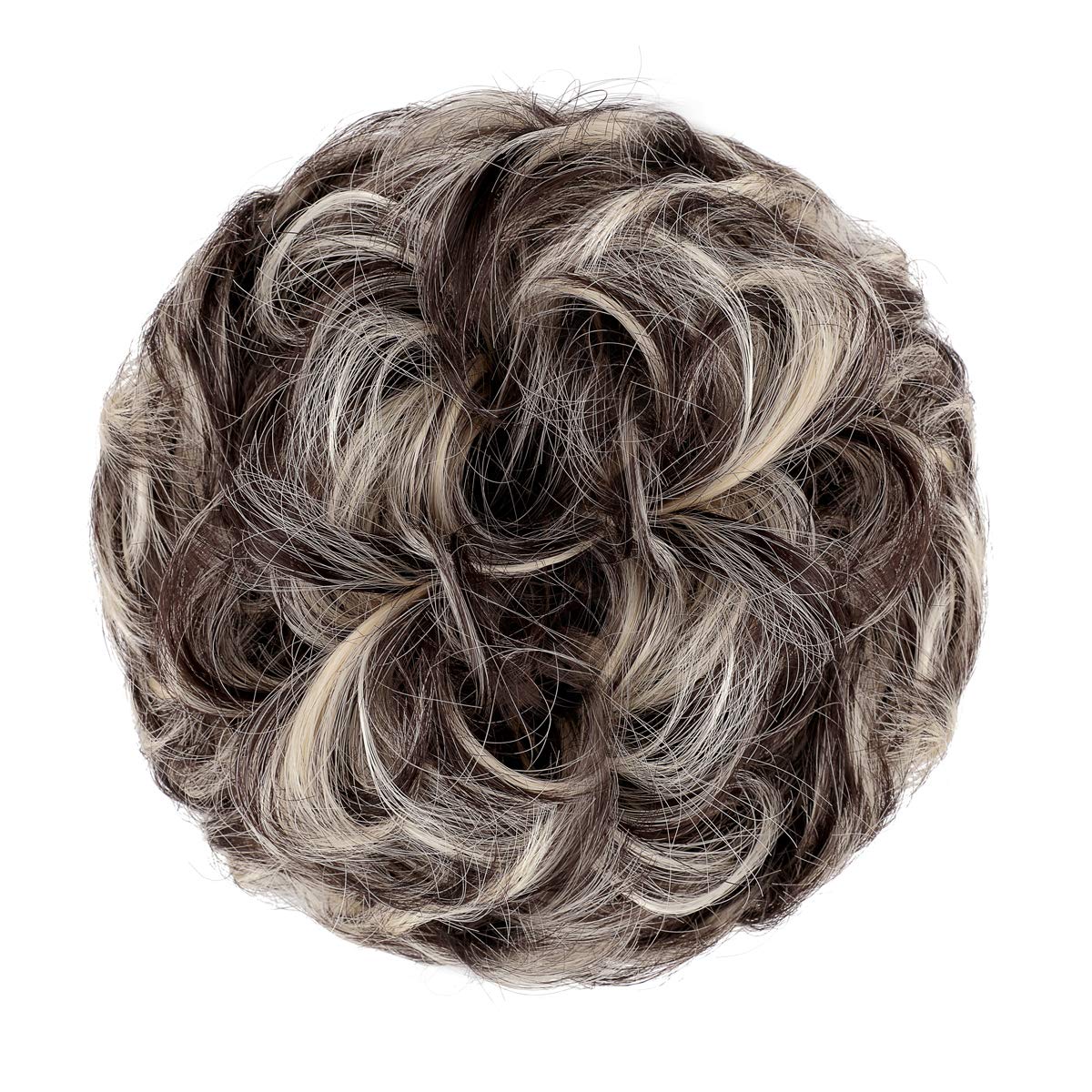 FeidyLong 2 PCS Messy Bun Hair Piece Wavy Curly Scrunchies Synthetic Chignon Ponytail Hair Extensions Thick Updo Hairpieces for Women Girls(Black Brown Mix Bleach Blonde)