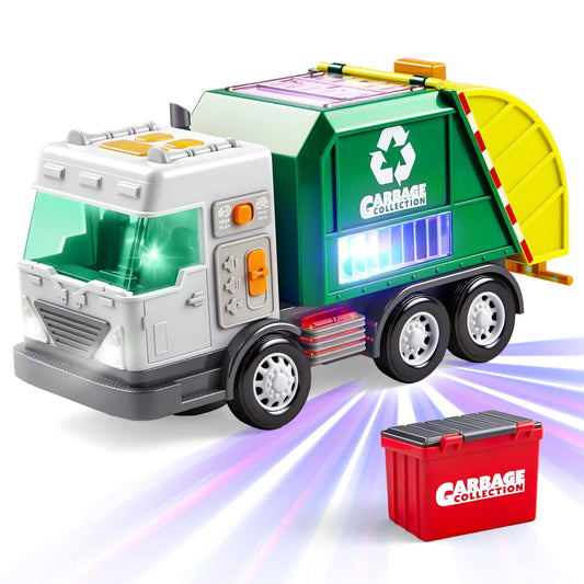 LED Garbage Truck Toy Set Includes Dumpster, Toy Truck with Mode Switch & Volume Control, Trash Vehicle with Lights and Sounds, Automatic Bump & Go Car