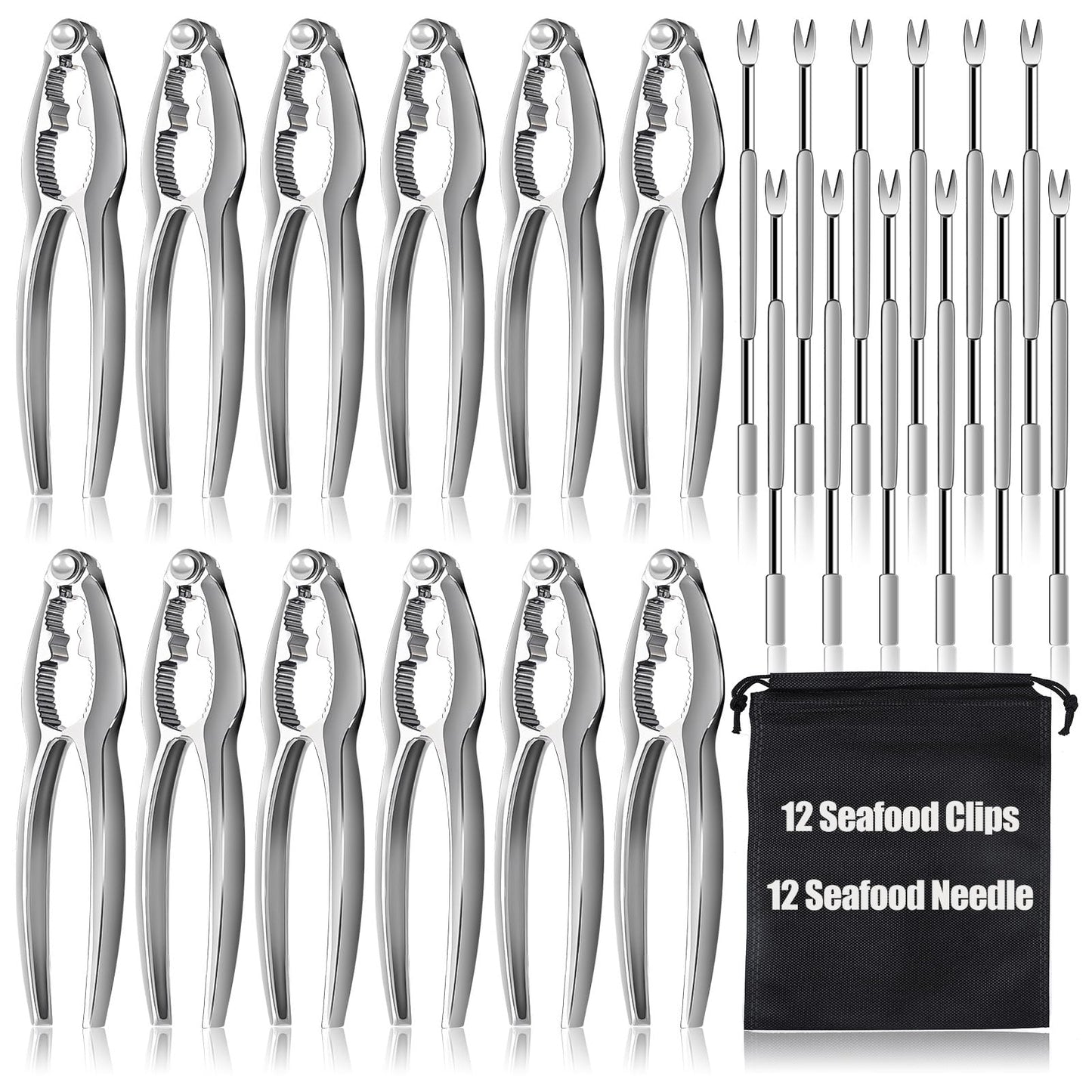 24 Pcs Crab Leg Crackers Set, 12 Nut Crackers, 12 Stainless Steel Forks, Shellfish Crackers and Tools for Seafood Boil Party Supplies, Dishwasher Safe