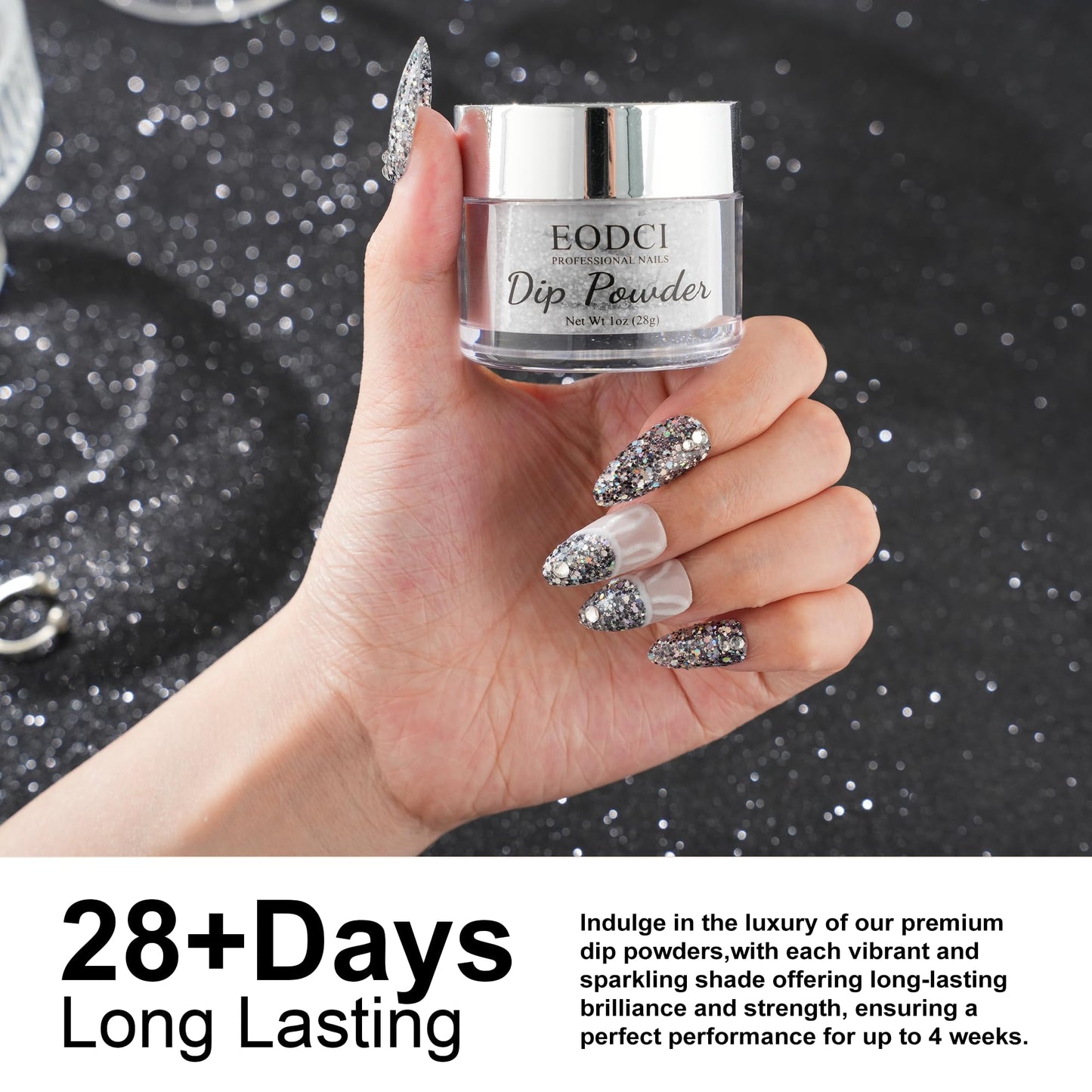 EODCI Glitter Black Dip Powder, 1OZ Neutral Nail Dip Powder for Long-lasting 28 Days+ Dip Nail Art French Manicure Nail Starter & Professional Home DIY Salon Use