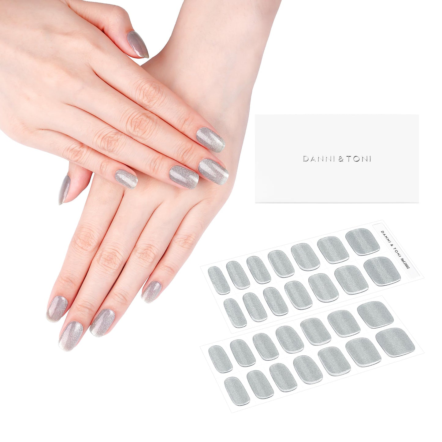 DANNI & TONI Semi Cured Gel Nail Strips Grayish Purple (Lakeside Shimmer) Magnetic Cat Eye Gel Nail Wraps 28 Stickers