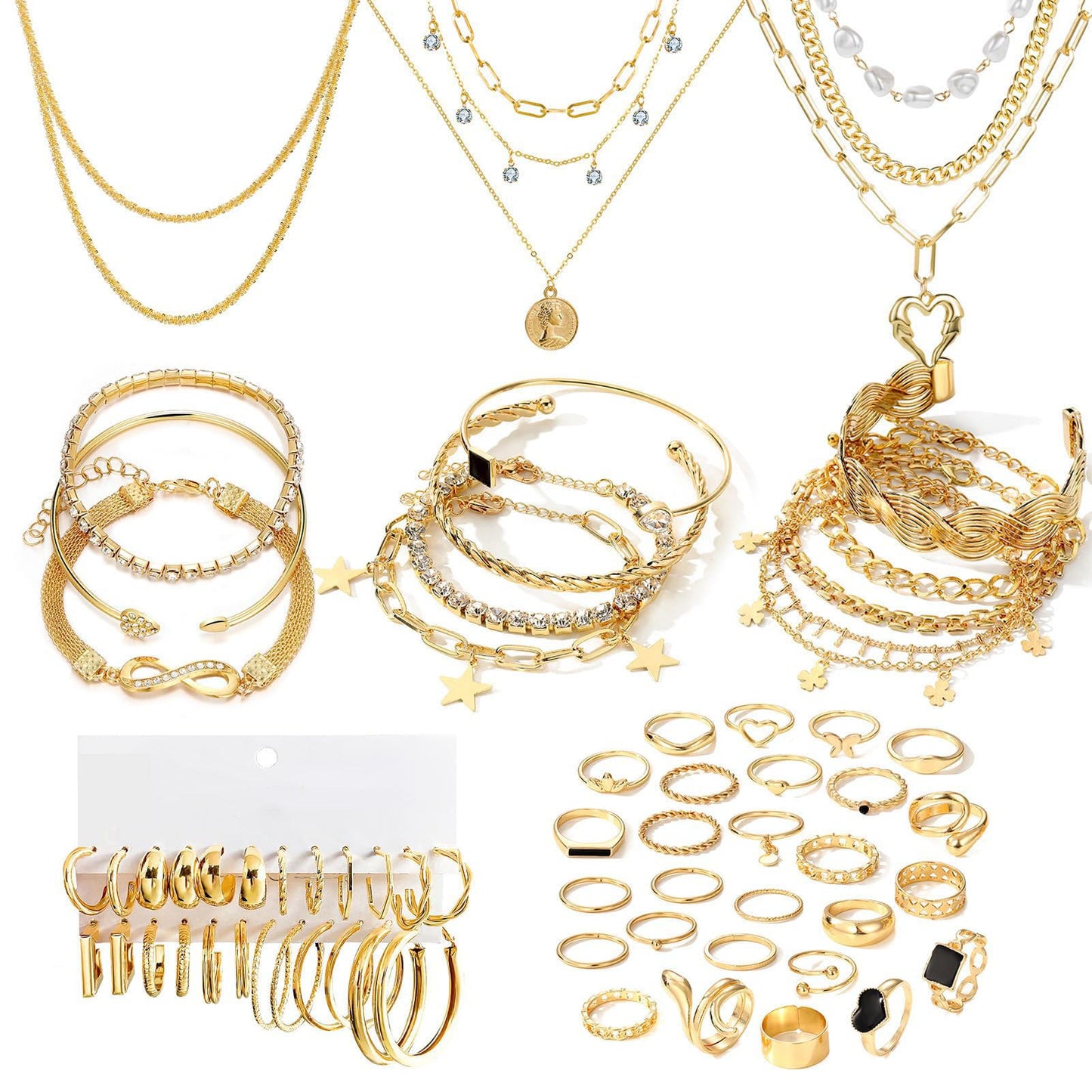 59 Pcs(8 Pack) Gold Plated Jewelry Set For Women With 8 Necklace 12 Bracelet 27 Ring 12 Pair Earring Hoop Simple Sparkle For Happy