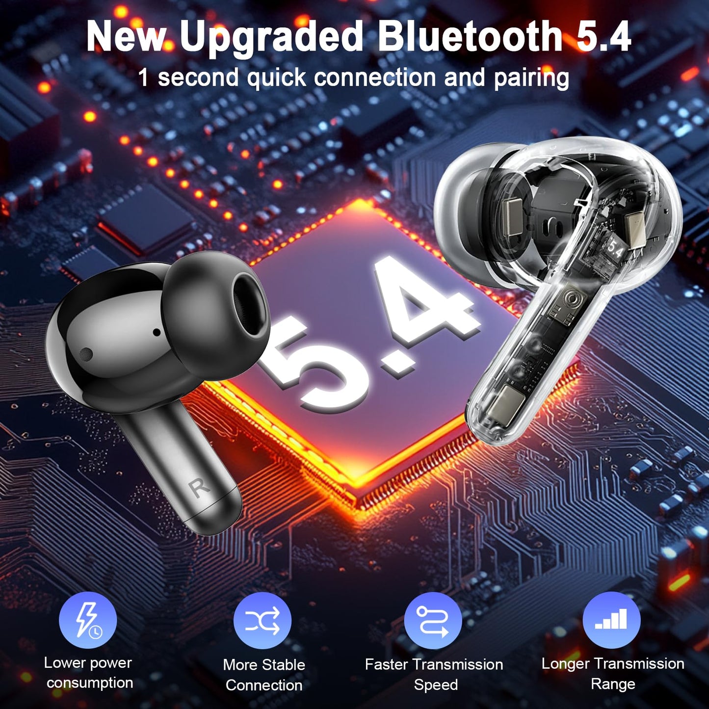 Wireless Earbuds, 2025 Bluetooth 5.4 Headphones 3D Bass Hi-Fi Stereo Ear Buds, 4 ENC Noise Cancelling Mic, 40+Hrs USB-C in-Ear Earphone, IP-X7 Waterproof Sport Workout Gym for Laptop Pad Android iOS
