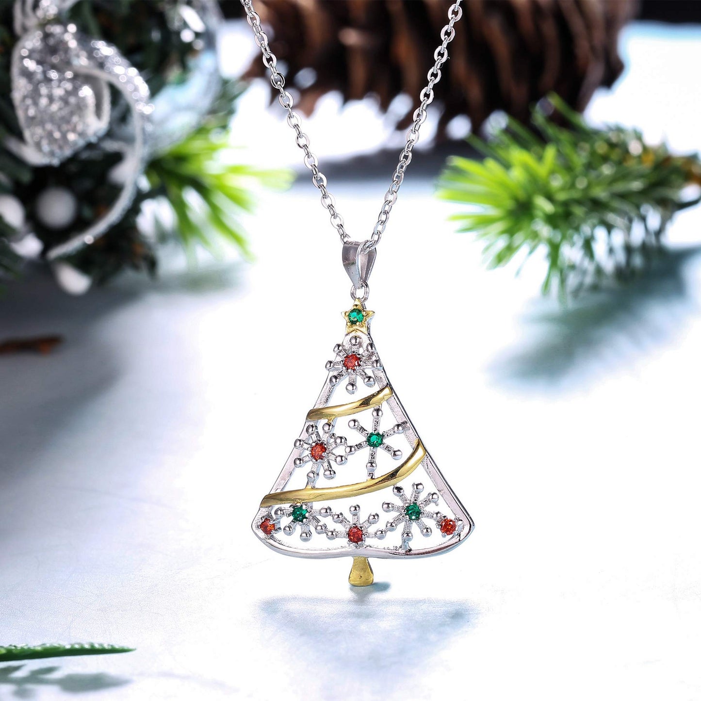 Sllaiss 925 Sterling Silver Christmas Tree Pendant Necklace Costume Jewelry Christmas Jewelry Gifts Long Pendant Necklace for Women
