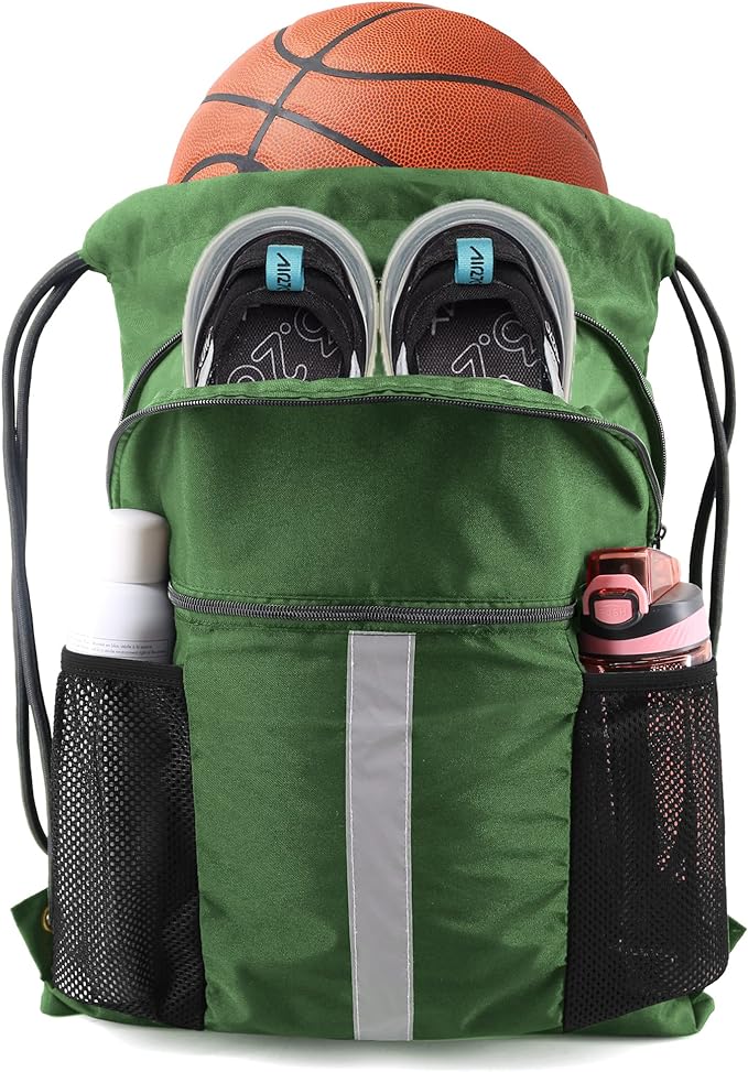 BeeGreen Drawstring Backpack Bag with Shoe Compartment, X-Large Black Gym Sports String Cinch Backpack