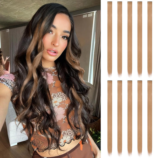 FESHFEN Colored Clip in Hair Extensions - 10 PCS Brown Mixed Blonde Highlighted Hair Piece Straight Synthetic Clip in Hairpieces for Women 22 inch