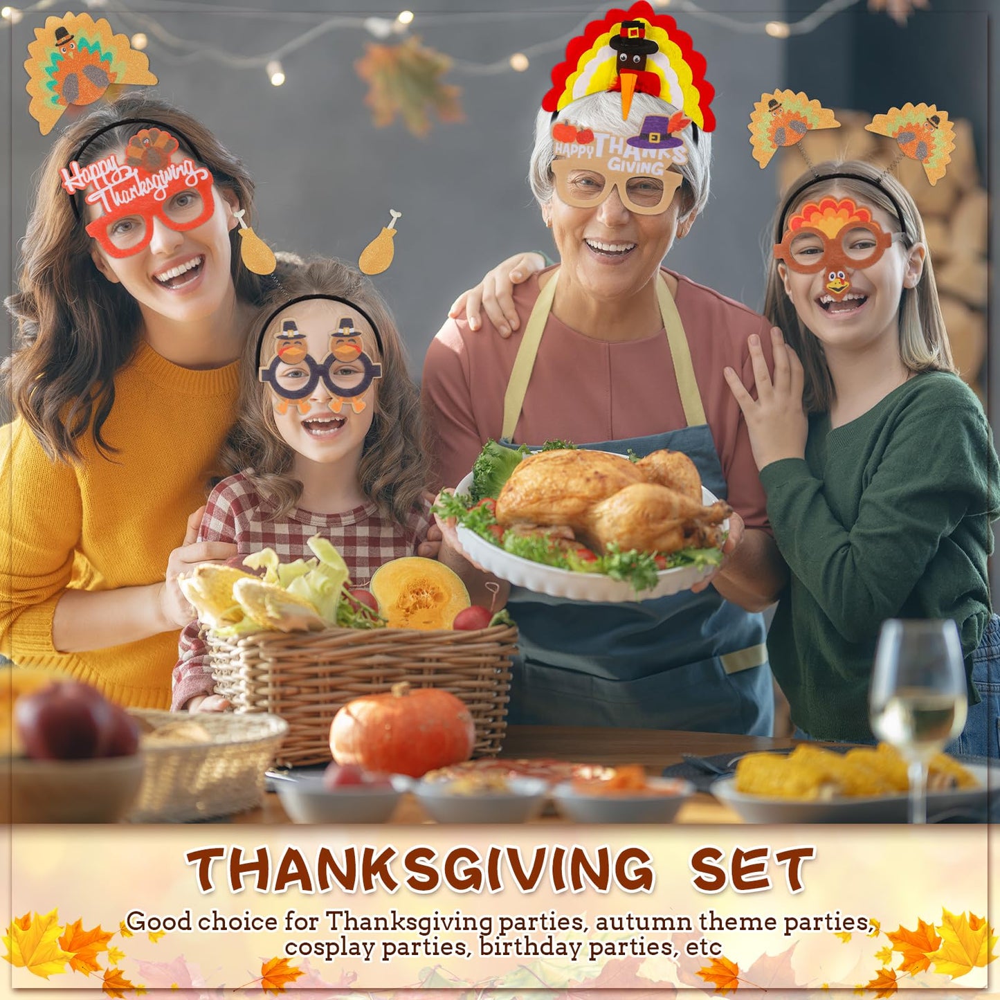 Hotop 24 Pcs Thanksgiving Turkey Headbands and Turkey Glasses Soft Felt Cloth Material Holiday Glasses and Headwears for Thanksgiving Autumn Party Favors