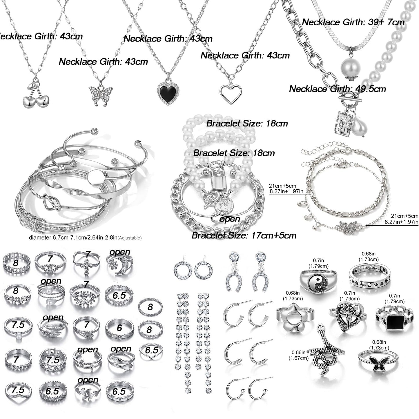 17IF 53 PCS(8 PACK) Silver Plated Jewelry Set with 6 Necklace 11 Ankle Bracelet 30 Kunckle Ring 6 Pair Earring hoop Vintage Boho Pearl for Women and Birthday Travel Holiday