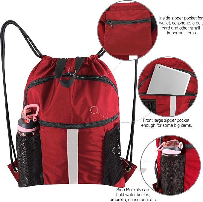 BeeGreen Drawstring Backpack Bag with Shoe Compartment, X-Large Black Gym Sports String Cinch Backpack