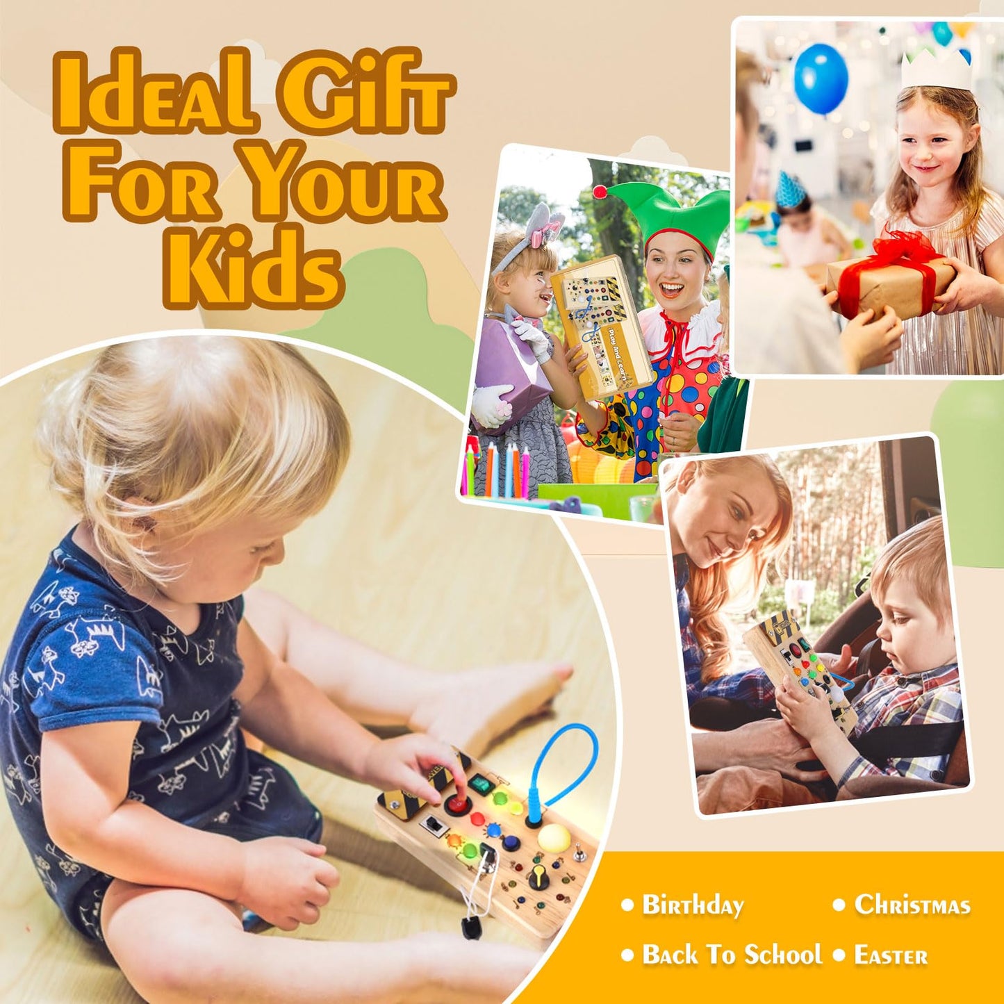 Montessori Wooden Busy Board with 8 LED Light switches, Sensory Toys Light Switch Travel Toys for 1+ Year Old Baby and Toddler