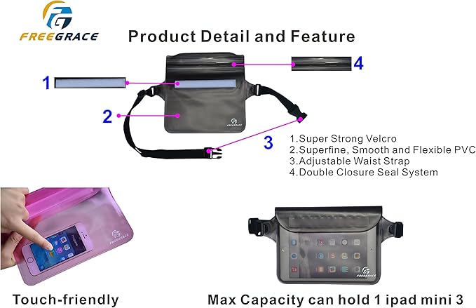 Waterproof Pouches with Waist Strap / Pouch Case Bundle Set- Keep Your Phone & Valuables Dry and Safe - Waterproof Dry Bags for Boating Swimming Snorkeling Kayaking Beach Water Parks Pool