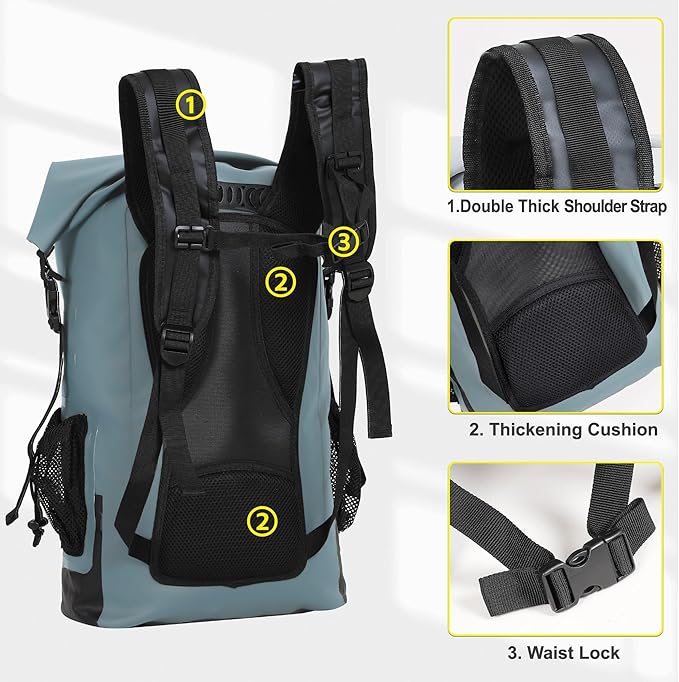 UPWELL 32L Waterproof Dry Bag Boating Backpack for Travel Hiking Camping Kayaking Hiking Swimming Floating Submersible Dry Bag grey