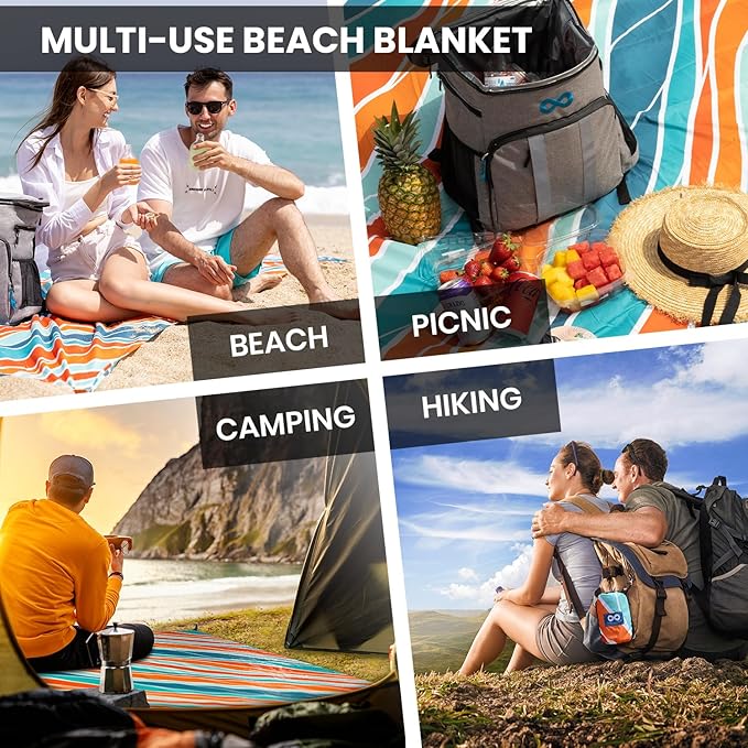 Everlasting Comfort Beach Blanket Waterproof Sandproof - Large Oversized Beach Mat for 10 People w/Stakes, Storage Bag - Beach Accessories for Family, Picnic, Concert, Travel