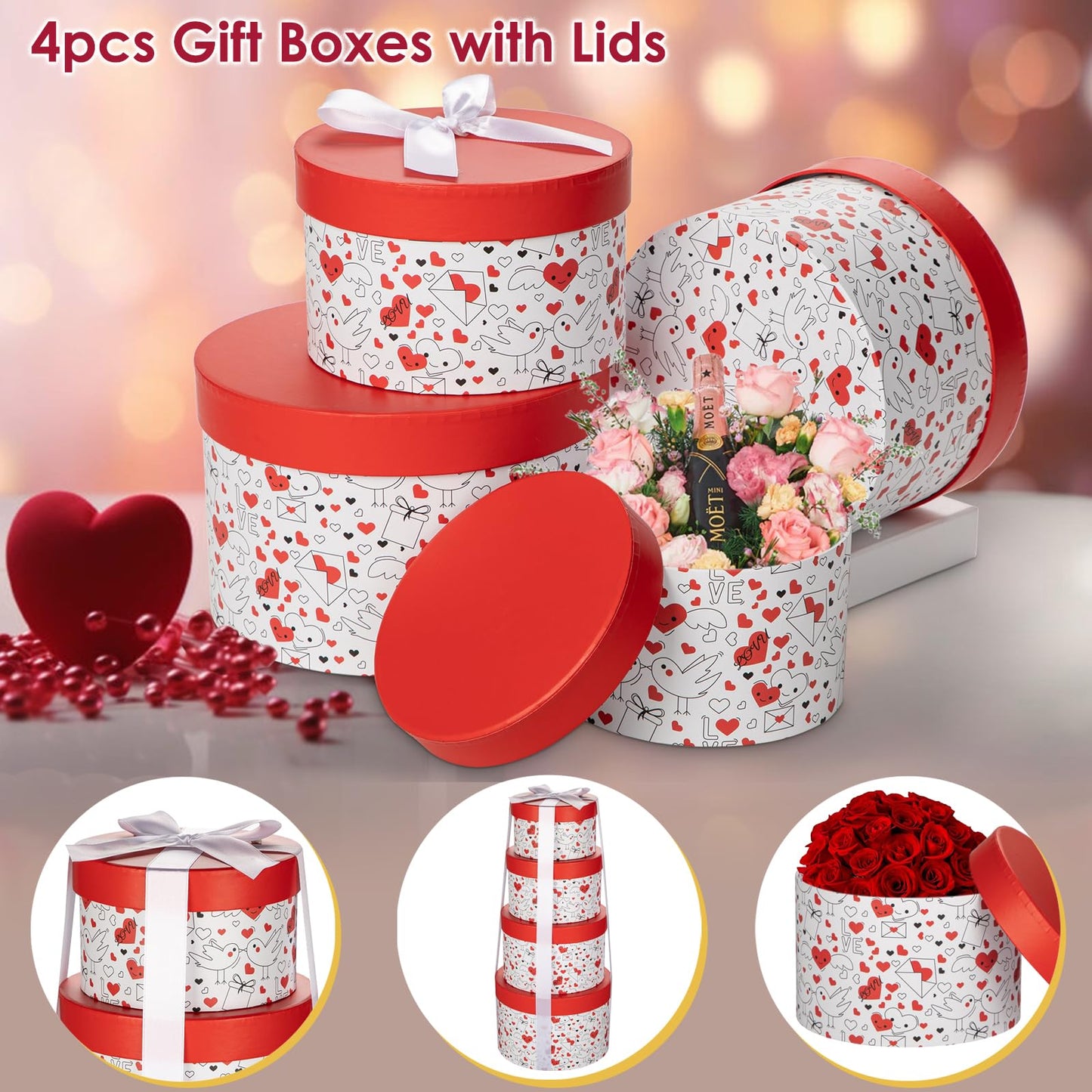 Luxury Round Nested Gift Boxes with Lids (Set of 4) – Reusable Sturdy Cardboard Gift Box Set for Birthdays, Weddings, Anniversaries, Christmas, and Valentine’s Day – Red & White