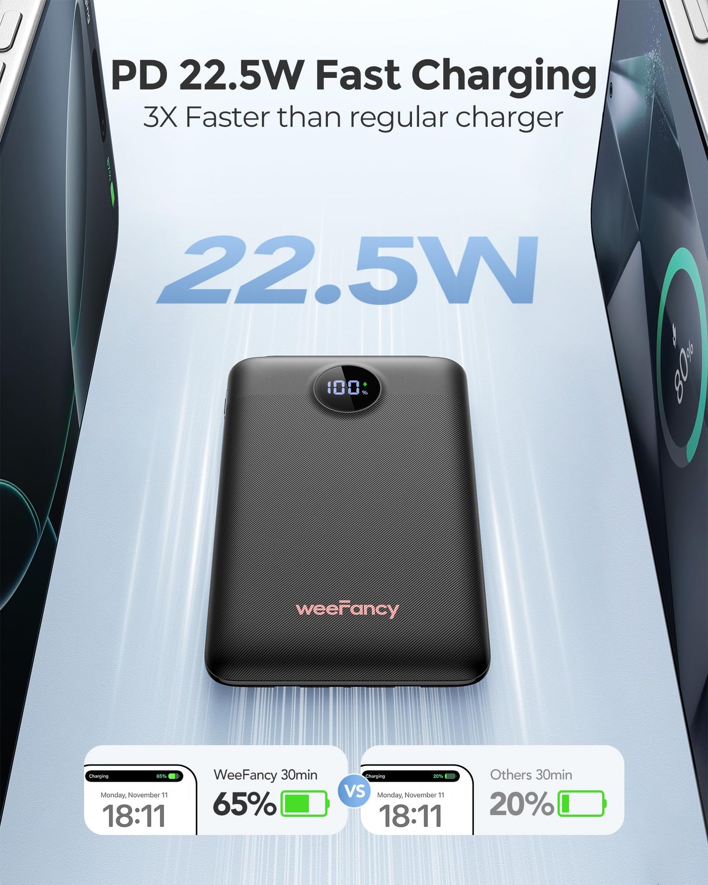 WeeFancy Mini Portable Charger with Built-in Cables 22.5W Fast Charging Power Bank USB-C Small Battery Pack 10000mAh Travel Essential Slim Battery for iPhone 16/15/14, Samsung 25/24, and More