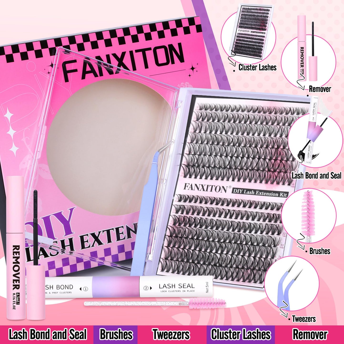 DIY Lash Extension Kit Natural Lash Clusters 30D+40D Mix 9-16 mm D Curl lndividual Lashes Lash Remover 280 pcs Wispy Eyelash Extension Kit with Lash Bond and Seal and Lash Tweezers by FANXITON