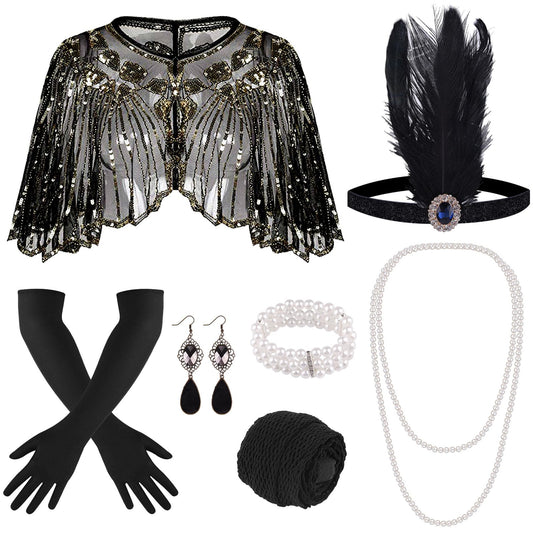 ELECLAND 10 Pieces 1920s Flapper Accessories Set Fashion Roaring 20's Theme Set with Headband Headpiece Long Black Gloves Necklace Earrings for Women (Black Gold)