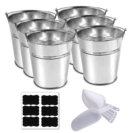 6 Metal Buckets With Chalkboard Stickers and Plastic Kitchen Scoops, Small Galvanized, for Birthday, Wedding Party, Garden Planters, Party Supplies, Decorations, 5 Inch Tin - (Tie 6)