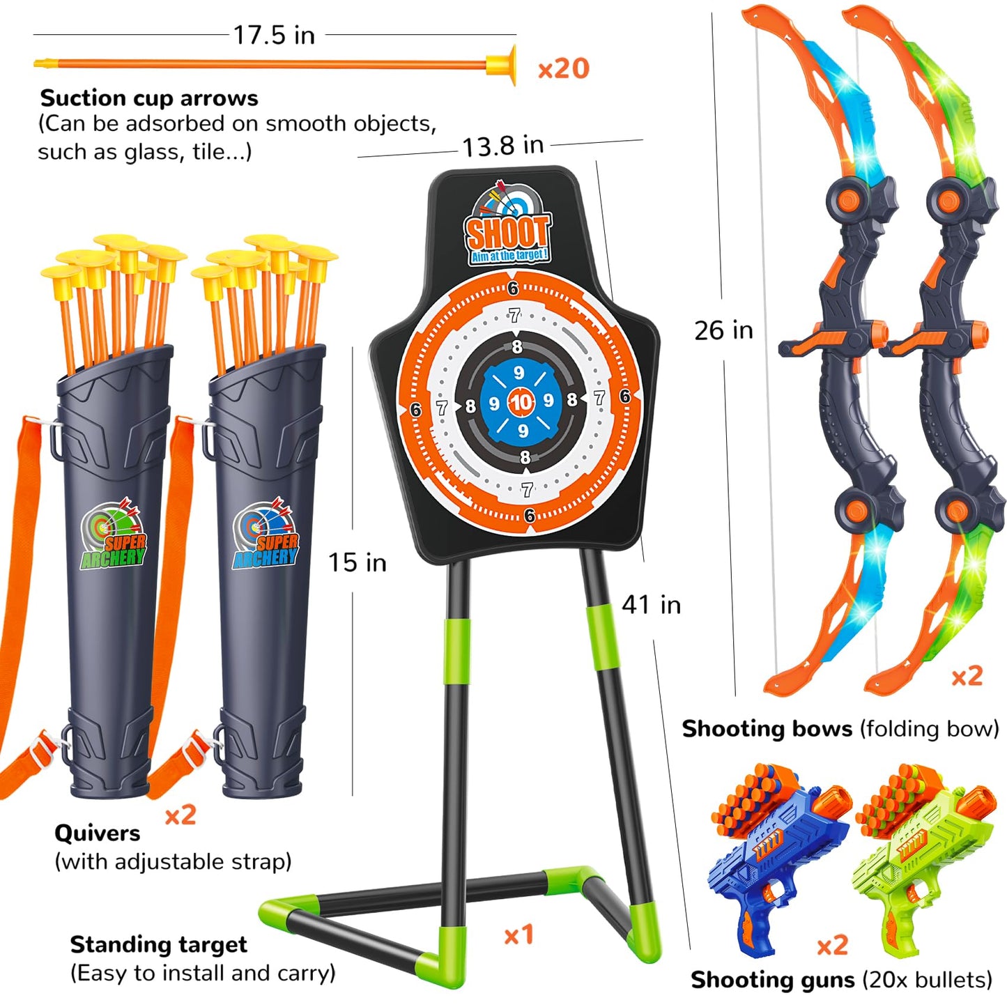 GMAOPHY Bow and Arrow for 5 6 7 8 9 10 11+ Year Old Boys, Birthday Gift for Kids, Indoor Outdoor Activity Toys, 2 Pack LED Light Up Archery Toy with 20 Suction Cup Arrows, Standing Target, 2 Quiver