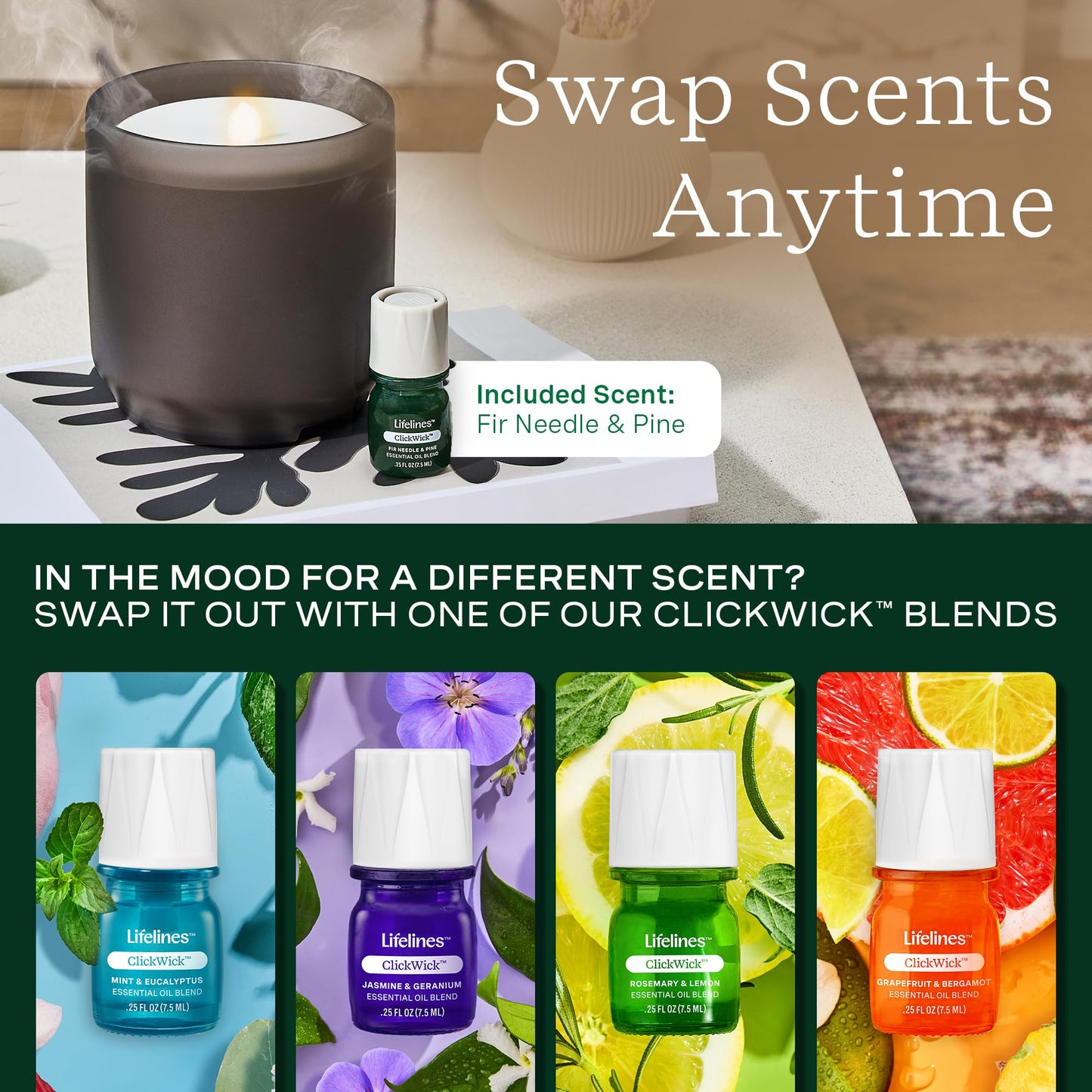 Lifelines Flameless Candle Aromatherapy Essential Oil Diffuser with ClickWick Essential Oil Blend - Cordless & Waterless Diffuser for Home - Scented Electric Candles Blow Out Flame - Frosted Charcoal