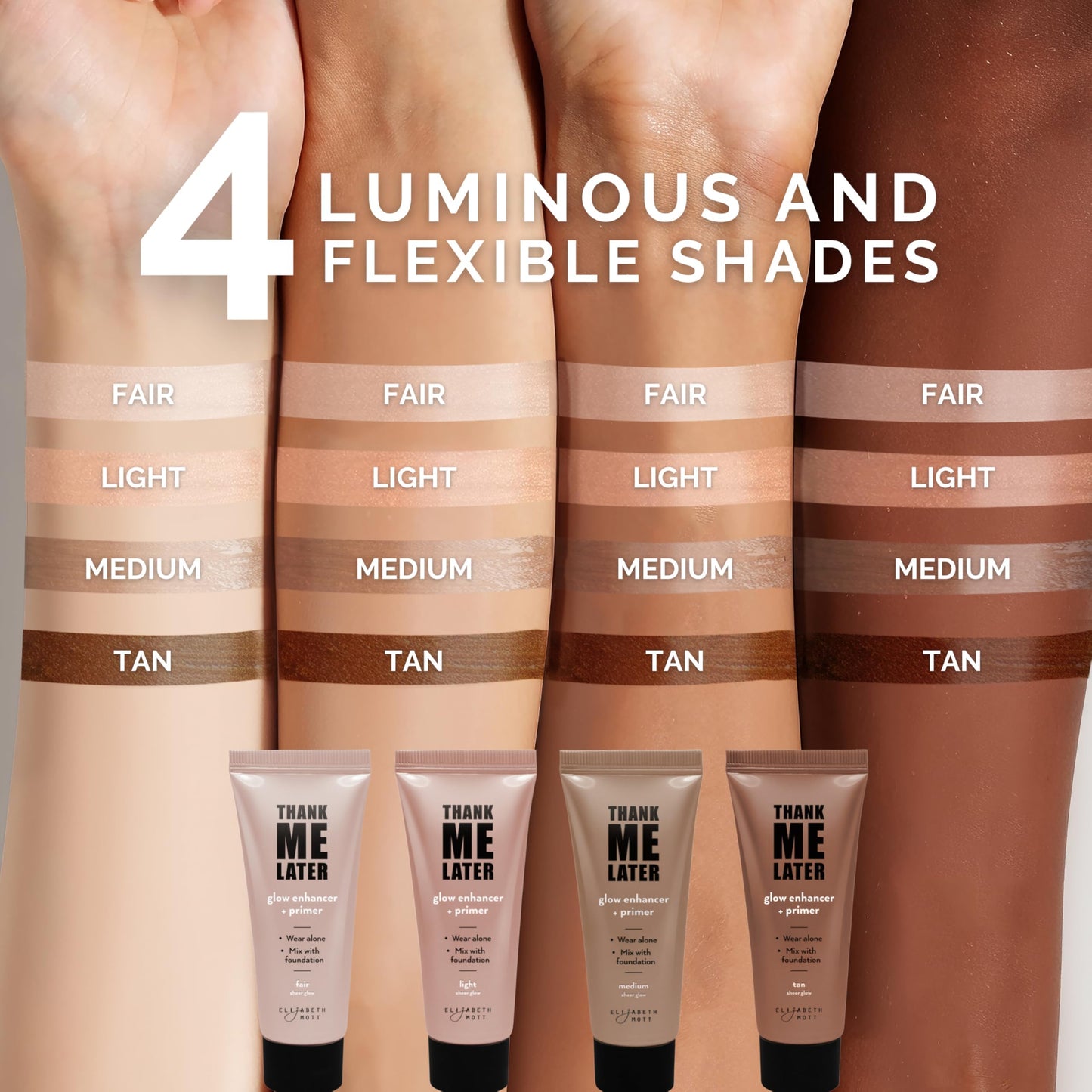 Elizabeth Mott Thank Me Later Glow Enhancer & Primer – Dermatologist & Allergy Tested – Illuminating Makeup Base & Highlighter for a Natural Glow – Vegan, Cruelty-Free - Tan Sheer Glow Shade, 30g