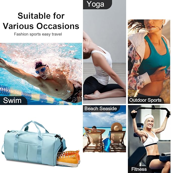 ZGWJ Sports Gym Bag with Wet Pocket & Shoes Compartment, Waterproof Shoulder Weekender Bag for Women and Men Swim Sports Travel Gym Bag Lightweight and easy Carry on Light Blue