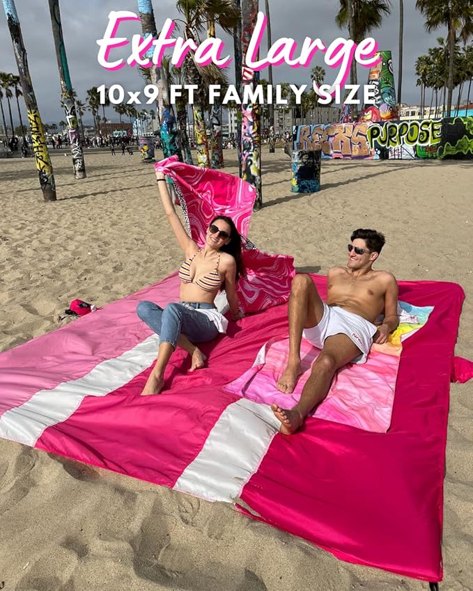 ECCOSOPHY Sandproof Beach Blanket - Oversized Sand Free Beach Mat 9'x10' - Lightweight Outdoor Picnic Blanket Anchored with 4 Corner Sand Pockets & Plastic Stakes - Heat Proof, Quick Drying & Compact