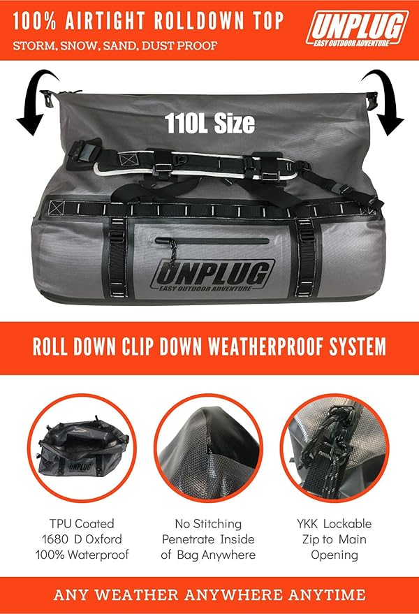 UNPLUG Ultimate Adventure Bag | 1680D Heavy Duty Waterproof Bag | Large Travel Duffle Bag which can be Used for Camping, Motorcycling, Boating, or Hunting