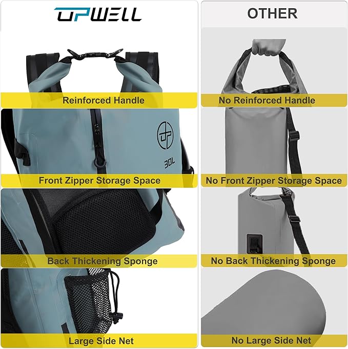 UPWELL 32L Waterproof Dry Bag Boating Backpack for Travel Hiking Camping Kayaking Hiking Swimming Floating Submersible Dry Bag grey