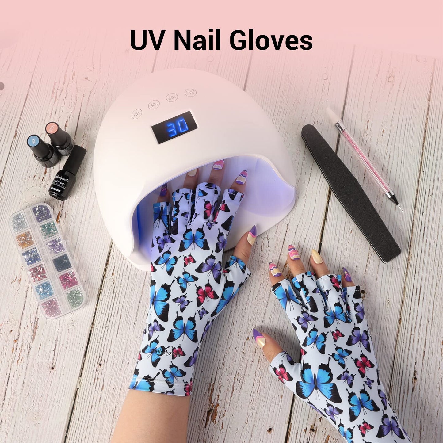 MelodySusie UV Gloves for Nails, UV Lamp Gloves for Manicures Protection, Colorful Butterfly Gel Manicure Gloves, Nail Art Skin Care Fingerless UV Shield Gloves
