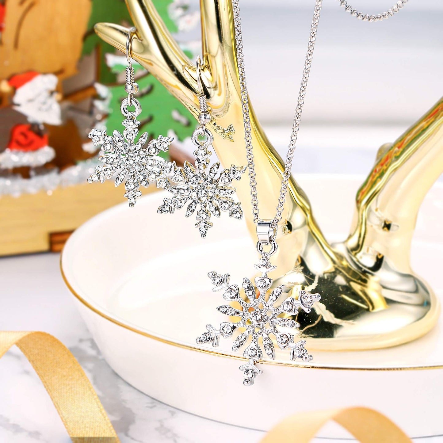 BriLove Women's Crystal Winter Daily Party Elegant Snowflake Pendant Necklace Hook Dangle Earrings Set for Gift Clear Silver-Tone