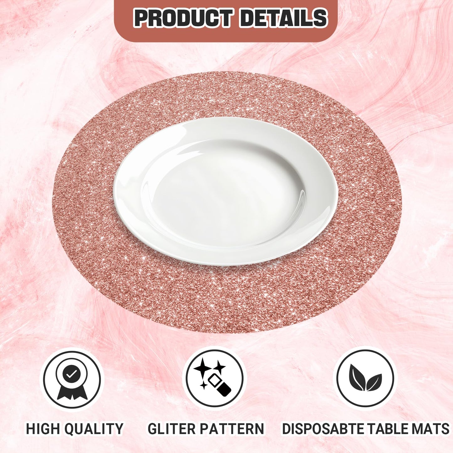 SMUAENSS 100 PCS Rose Gold Paper Placemats Disposable, 13.5" Round Disposable Table Mats, Rose Golden Shiny Table Mats for Birthday Wedding Holiday Party Home Dining Tableware