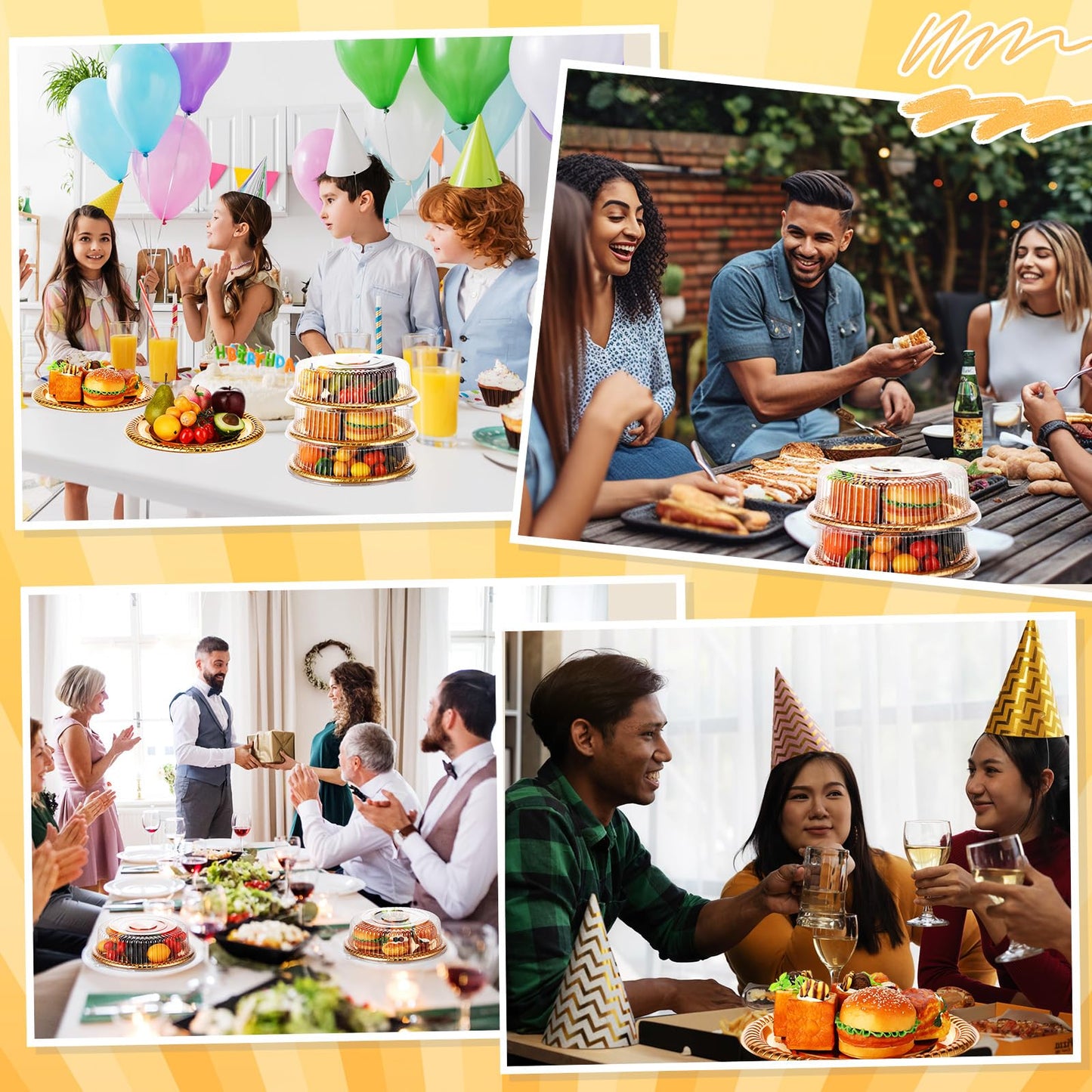 Nitial 12 Pcs Plastic Serving Tray with Lid Heavy Duty Elegant Platters Gold Catering Trays Round Stackable Disposable Containers with Clear Lids for Party Fruit Cake Sandwich Takeout Food (12 Inches)