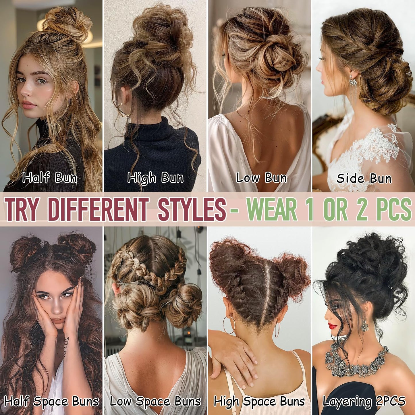 FeidyLong 2 PCS Messy Bun Hair Piece Wavy Curly Scrunchies Synthetic Chignon Ponytail Hair Extensions Thick Updo Hairpieces for Women Girls(Black Brown Mix Bleach Blonde)