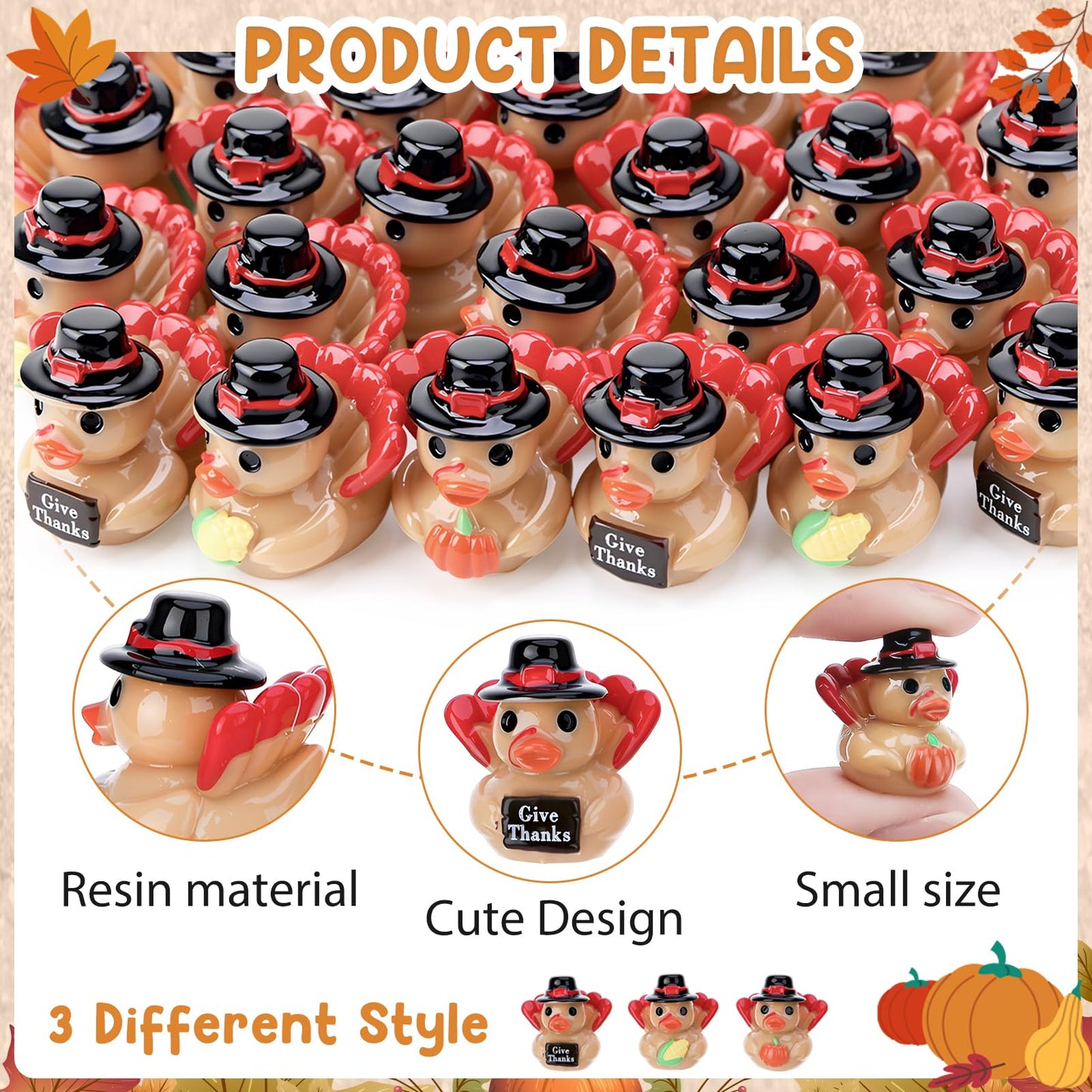 GGSTDDUP 60 Pcs Thanksgiving Mini Resin Ducks, Tiny Turkey Ducks, Miniature Turkey Figurines, Novelty Thanksgiving Party Favors Gift Decoration (Give Thanks, Corn, Pumpkin)