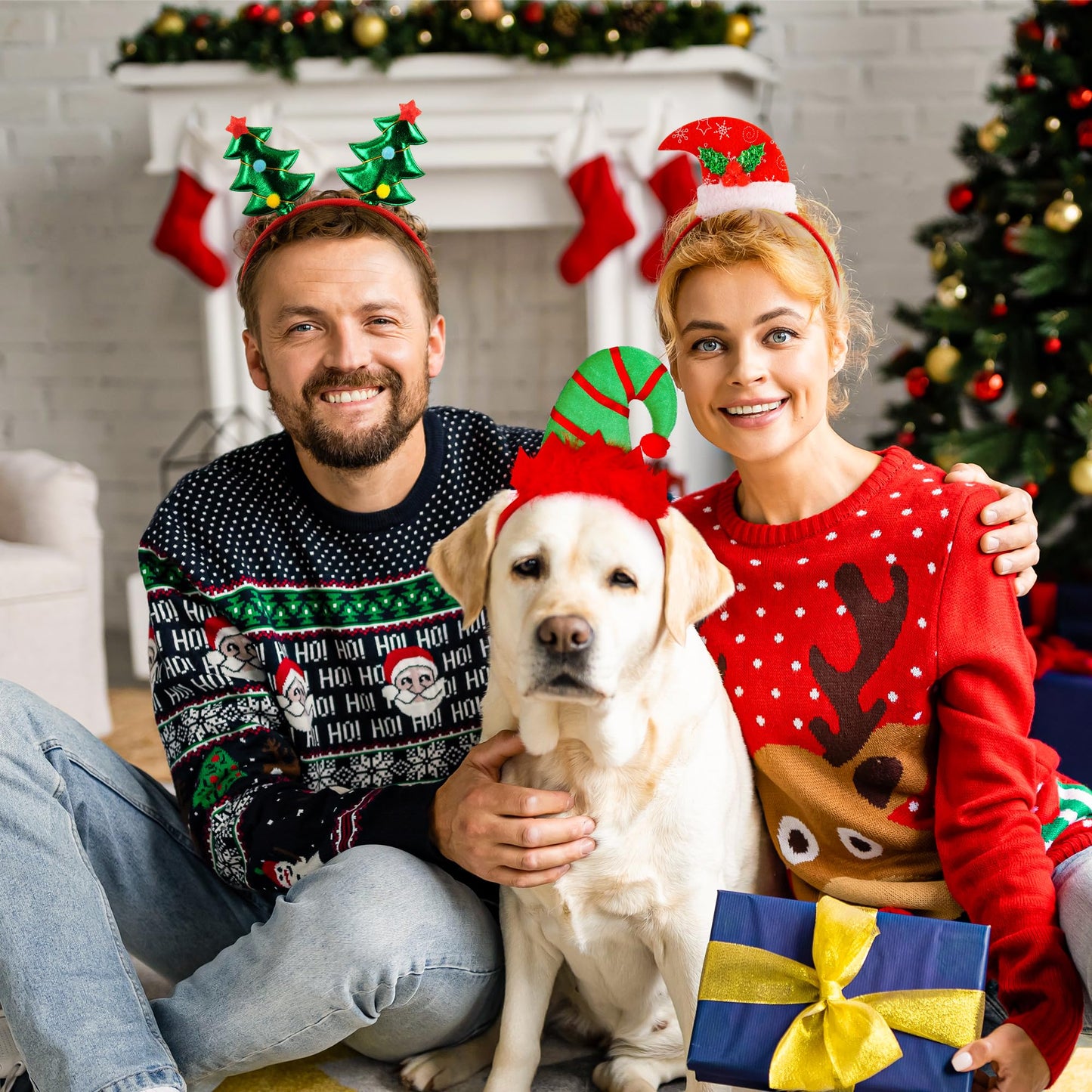 HOVACY 12 Pieces Christmas Headbands, Cute Christmas Head Toppers, Various Design Santa Hat Christmas Tree Snowman Reindeer Antler Headwears for Christmas Party Favors, Christmas Decorations