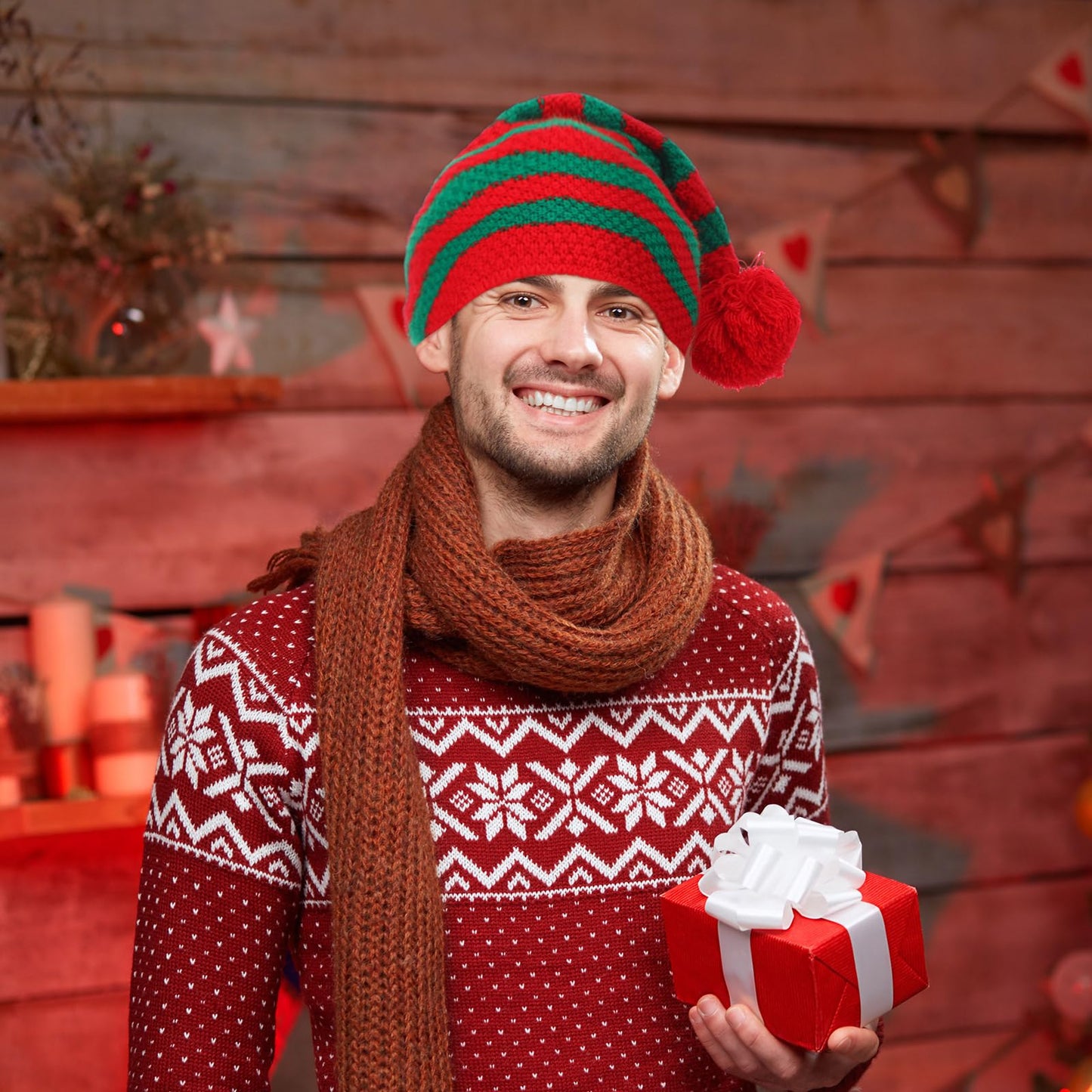 12 Pcs Christmas Knitted Hat Winter Santa Hat with Pom Xmas Elf Knit Crochet Beanie Skull Cap for Festive Party Adult Kids(Classic)