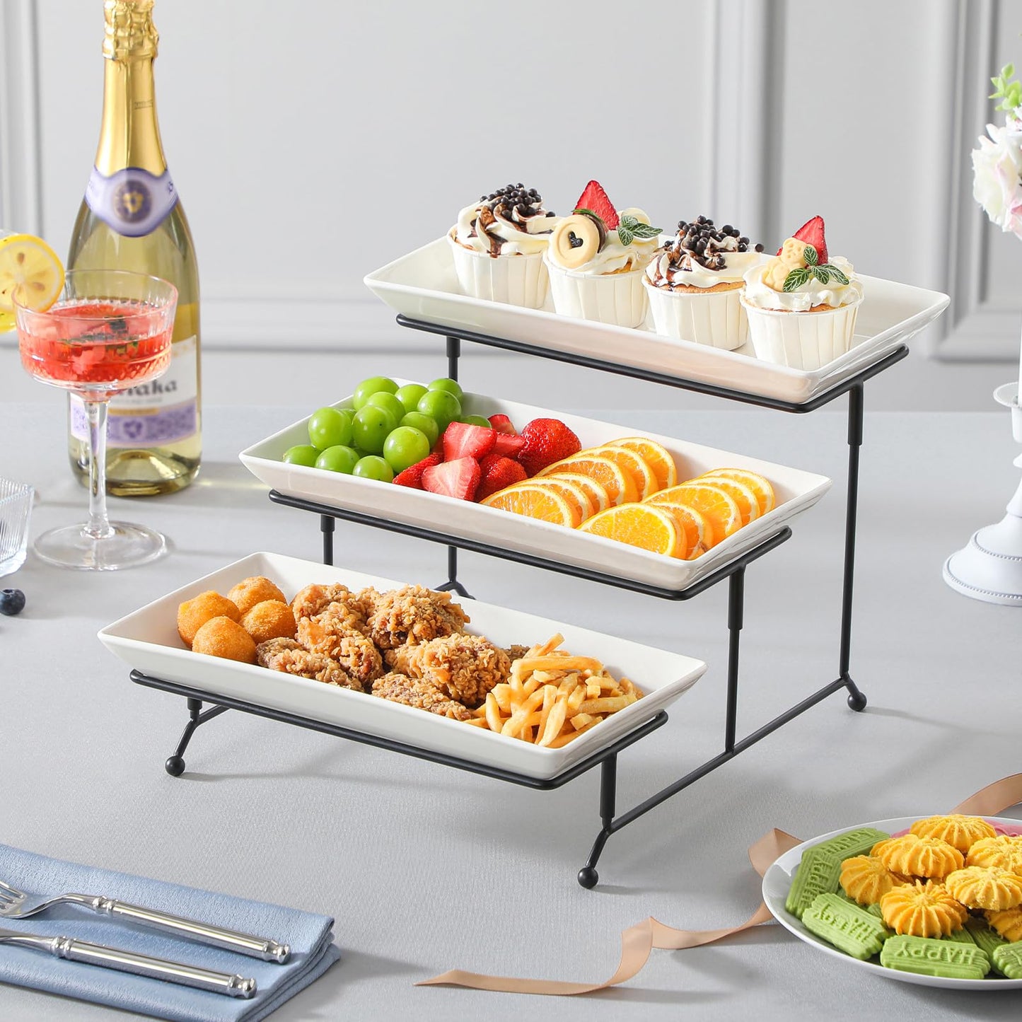MALACASA 3 Tier Serving Trays for Party, Porcelain Serving Platters and Trays, 12 Inch Tiered Tray Stand, Fruit Tray, Trays for Serving Food, White Dessert Stand with Collapsible Sturdier Metal Rack