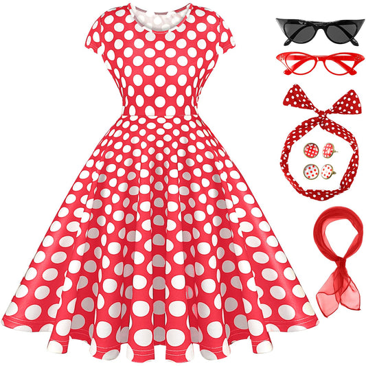 JenPen 7 Pcs 50s Women Costume Vintage Polka Dot Cocktail Dress Retro 50s Chiffon Scarf Cat Eye Glasses Headband Earring(L)