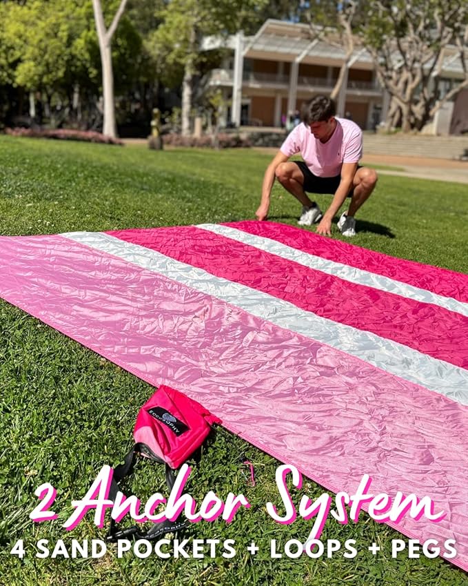 ECCOSOPHY Sandproof Beach Blanket - Oversized Sand Free Beach Mat 9'x10' - Lightweight Outdoor Picnic Blanket Anchored with 4 Corner Sand Pockets & Plastic Stakes - Heat Proof, Quick Drying & Compact