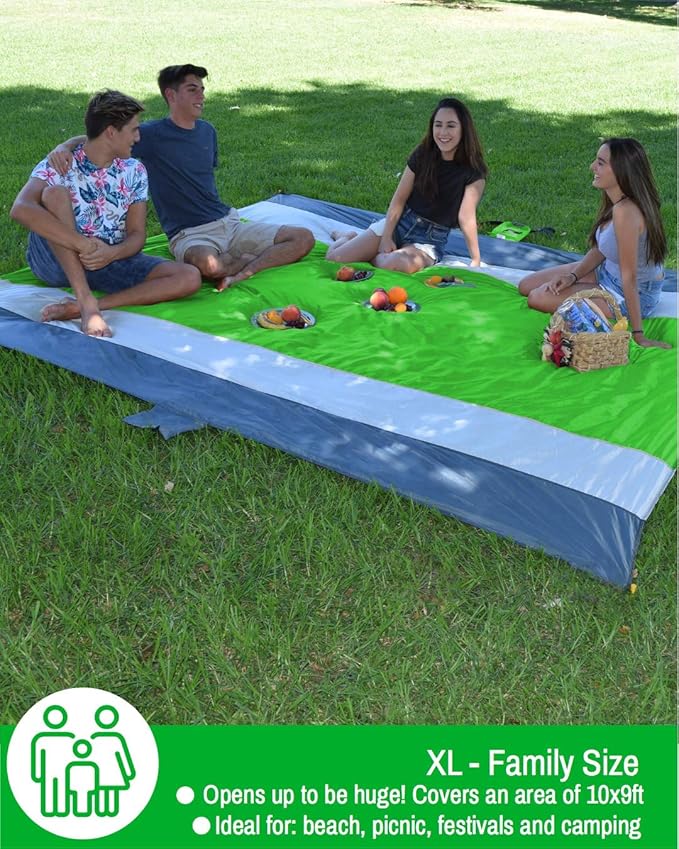 ECCOSOPHY Sandproof Beach Blanket - Oversized Sand Free Beach Mat 9'x10' - Lightweight Outdoor Picnic Blanket Anchored with 4 Corner Sand Pockets & Plastic Stakes - Heat Proof, Quick Drying & Compact
