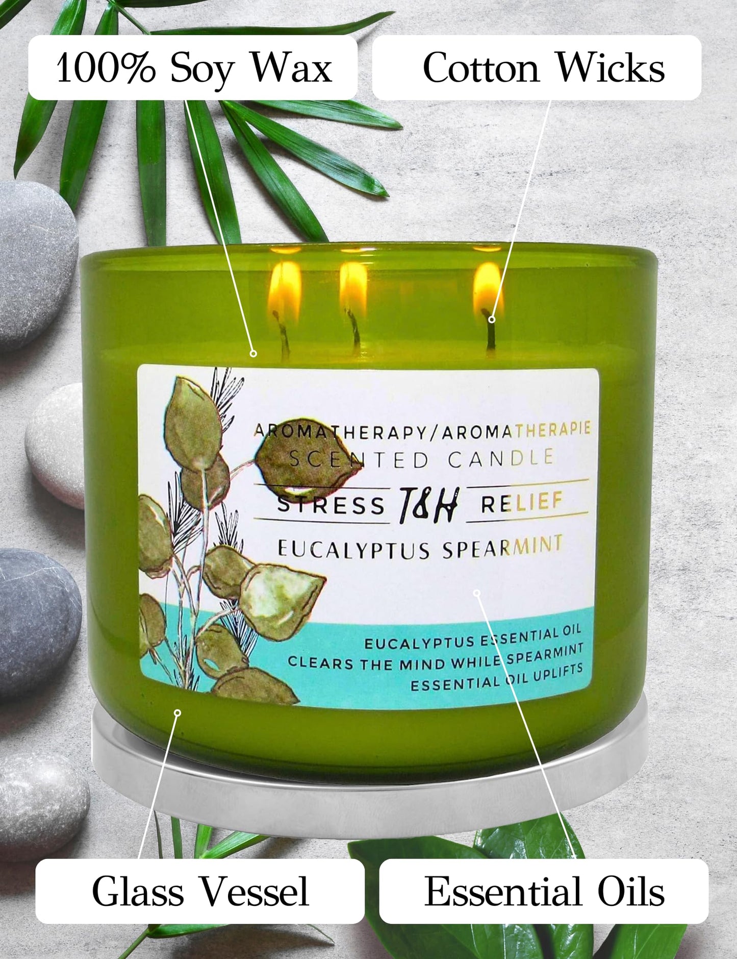 Eucalyptus Spearmint Aromatherapy Candle 3-Wick | Soy Scented Candles for Home | 15.8 oz Large Candle for Men and Women | Long Lasting Eucalyptus Candles | Decorative Candle Gift