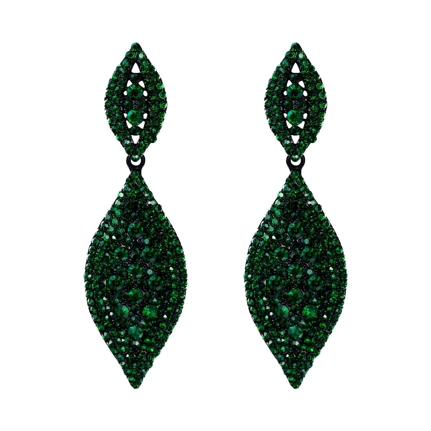 Flyonce Women's Rhinestone Crystal Wedding Bridal 2 Leaf Drop Dangle Chandelier Earrings Large Big Costume Statement Earring Green Black-Tone 3.3"