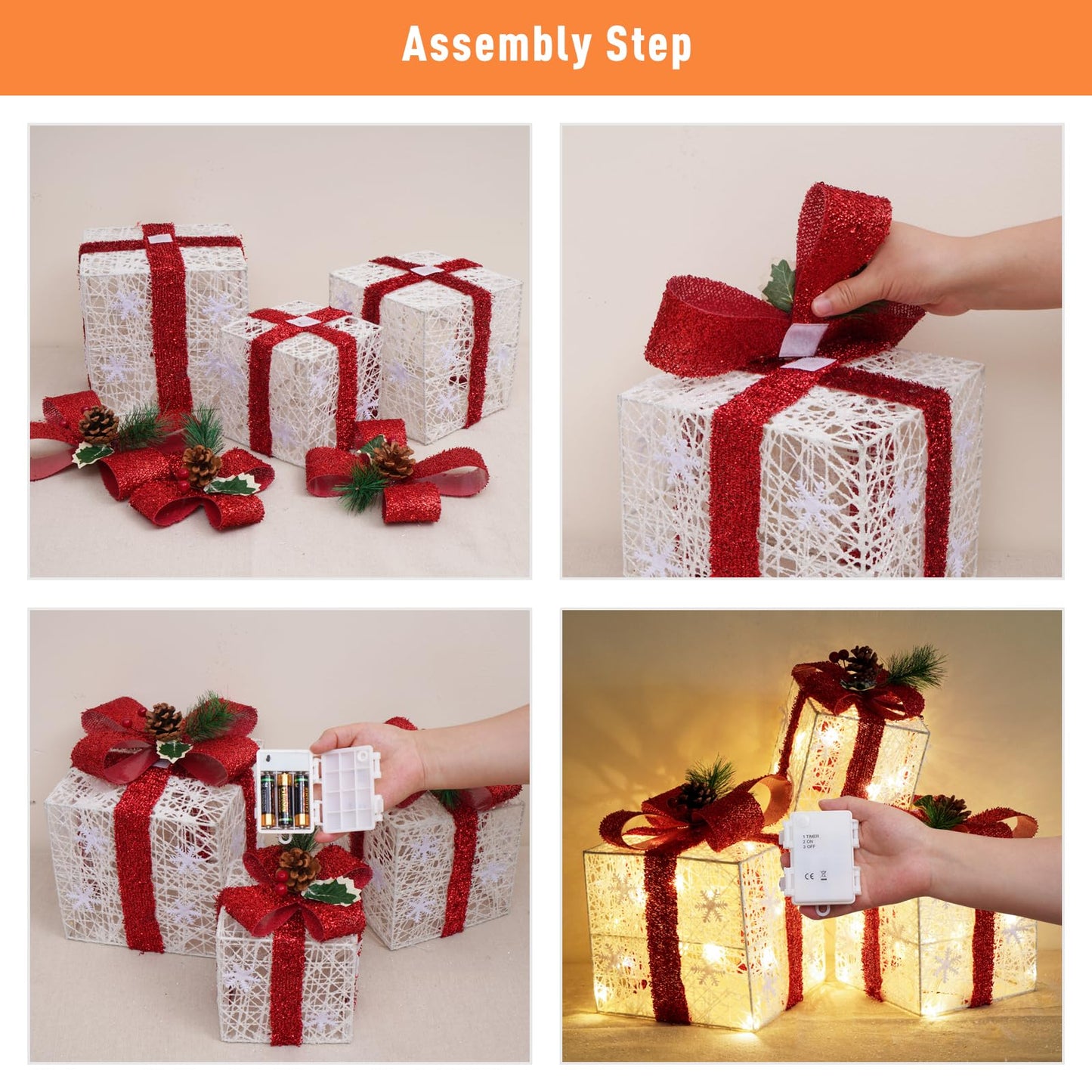 Christmas Decorations, Set of 3 Christmas Lighted Gift Boxes, Battery Operated Xmas Present Boxes, Warm White LED with Bows for Indoor Christmas Tree, Yard, Home Decor