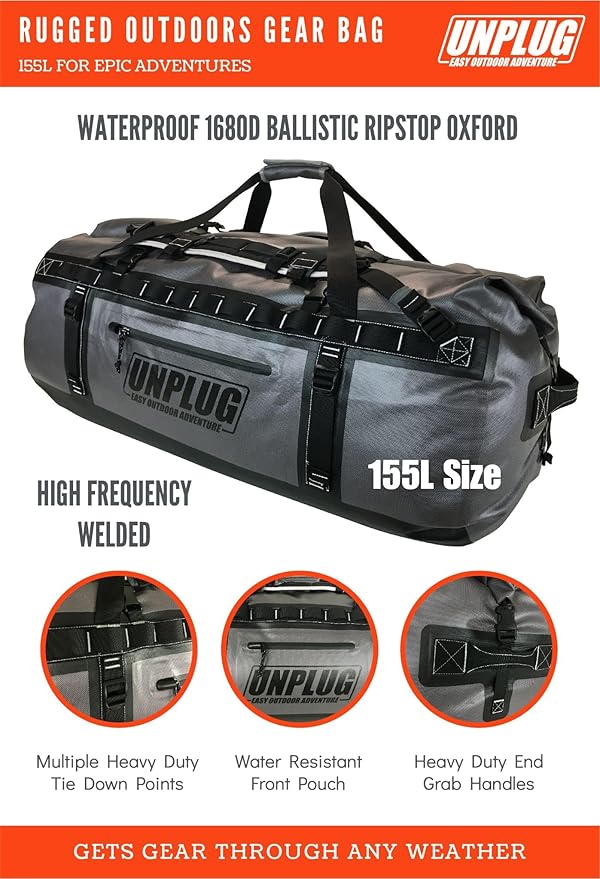 UNPLUG Ultimate Adventure Bag | 1680D Heavy Duty Waterproof Bag | Large Travel Duffle Bag which can be Used for Camping, Motorcycling, Boating, or Hunting