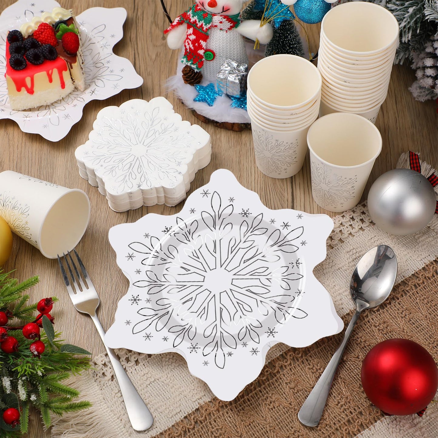 Zhehao 96 Pcs Winter Snowflake Plates and Napkins Set Christmas Snowflake Tableware Set Frozen Winter Plates, Cups, Napkins for Wonderland Party Supplies