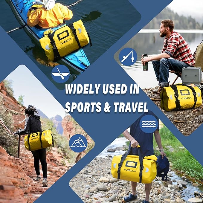 Waterproof Duffel Bag, Large Duffle Bag for Travel Heavy Duty Dry Bag with Durable Strap & Handle for Outdoor Motorcycle Boating Rafting Kayaking Paddleboarding, 40L Capacity after Fold Yellow