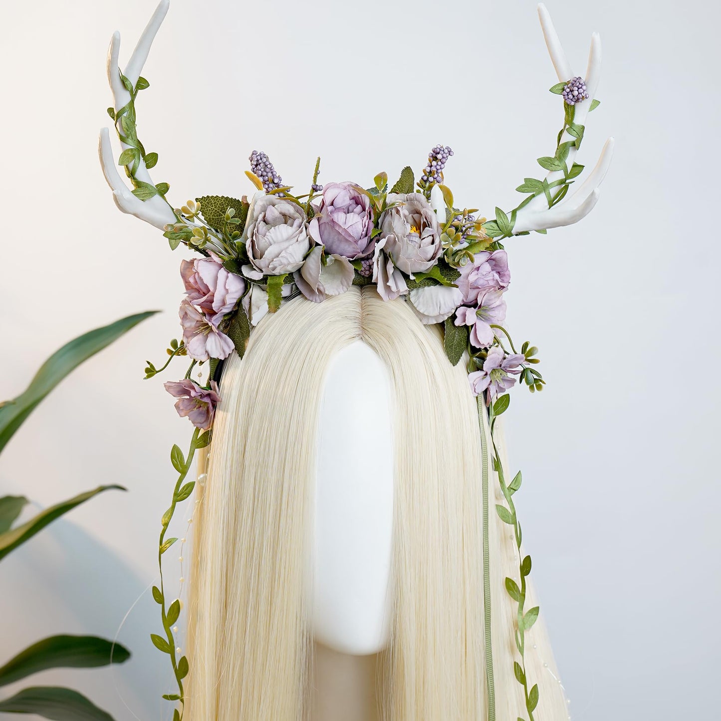 MOSTORY Fairy Deer Antler Headband - Purple Flower Reindeer Headband with Vines for Woodland Costume Women, Forest Floral Antlers Headpiece for Renaissance Accessories Cosplay Fantasy Photo Shoot